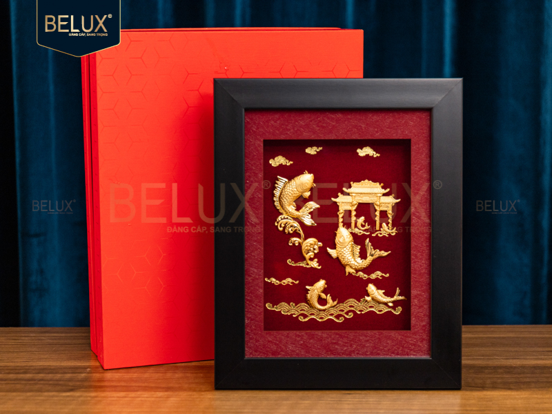 Tranh Cá Chép Vượt Vũ Môn Dát Vàng 24k- 25x20cm